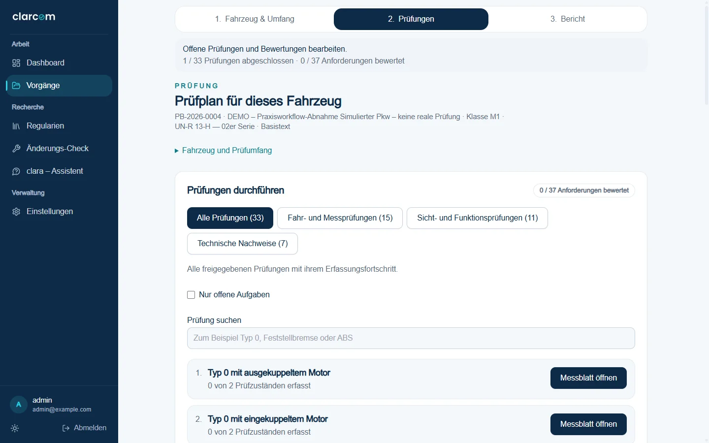 Screenshot der clarcom-Anwendung: aus den Fahrzeugdaten abgeleiteter Prüfplan nach UN-R 13-H